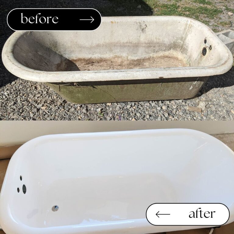 before and after photo of a clawfoot tub that has been refinished