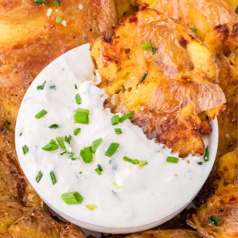 smashed potatoes with sour cream and chive dip